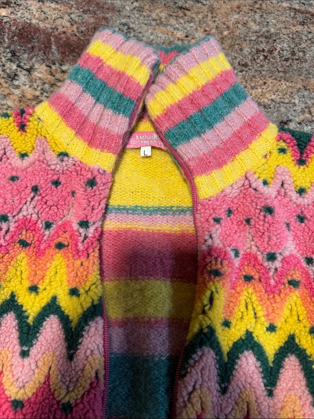 Striped Zigzag Knit Cardigan Sweater - Pink, Yellow & Green